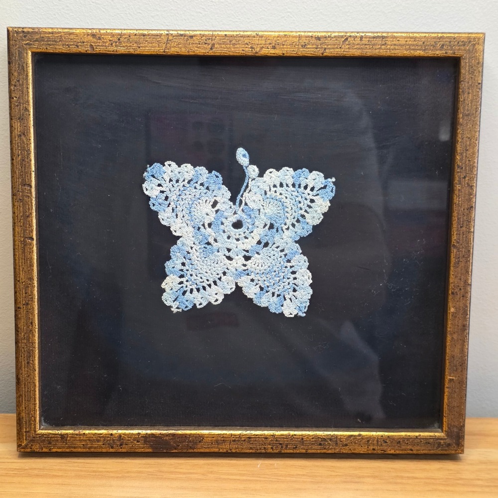 Vintage Handmade Framed Crocheted Butterfly Art Blue Pink White Qty 2 1976 - Picture 2 of 8